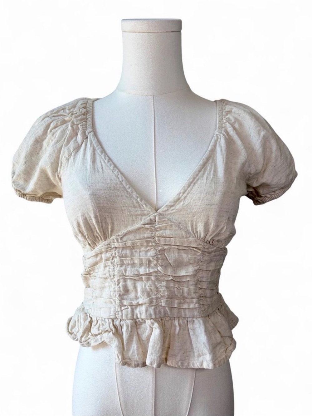 Sim & Sam Cotton Linen Blend Natural V-Neck Puff Sleeve Blouse Cottage Coastal